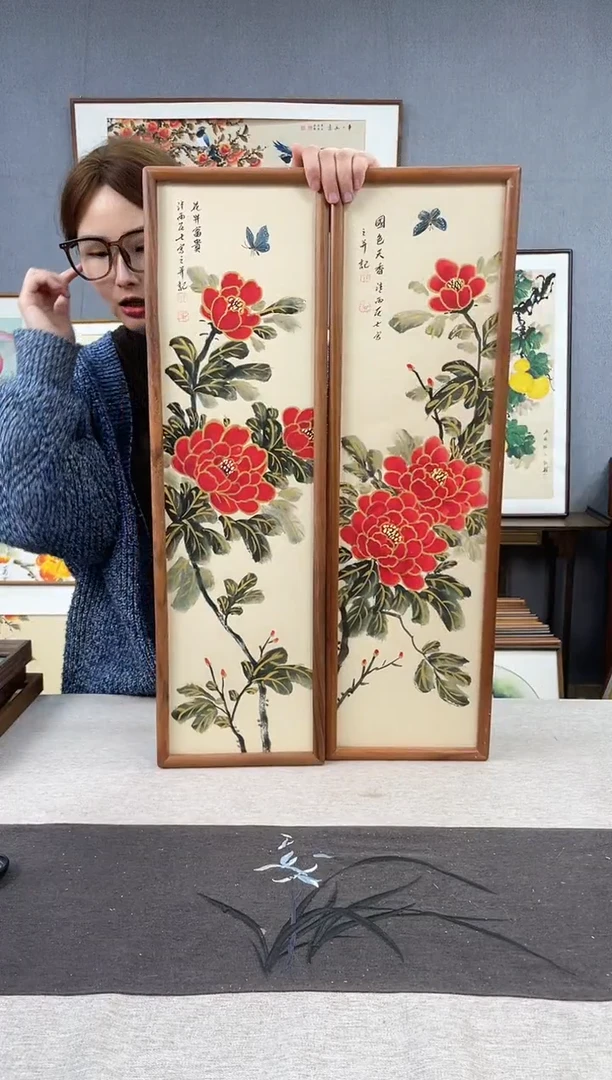 【闪购商品】国画孔德尚-手绘带框作品-20*70-牡丹