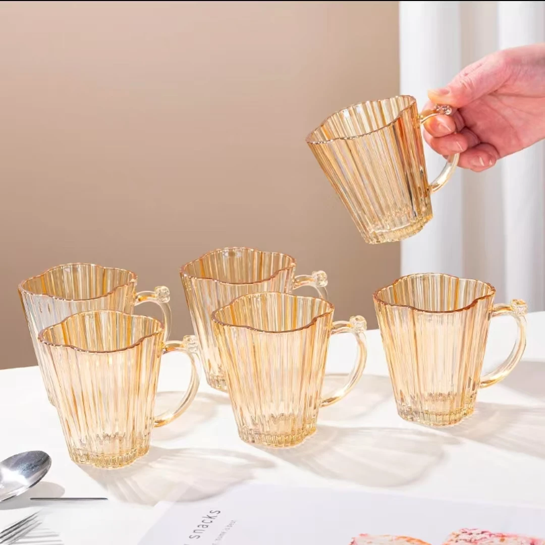 六只装家用高颜值琥珀色竖纹梅花玻璃杯带把手家用果汁水杯