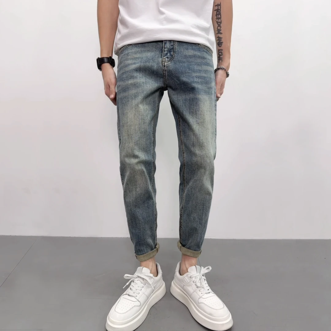 秋冬男士修身九分牛仔裤爆款2025新款简约复古水洗男款弹力小脚裤
