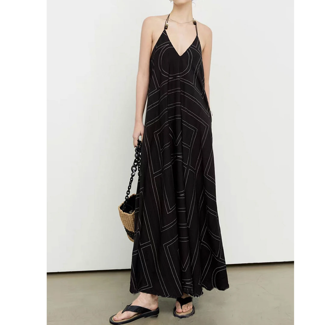 【直播间同价】25夏季法式吊带连衣裙几何印花松弛感显瘦长裙25391