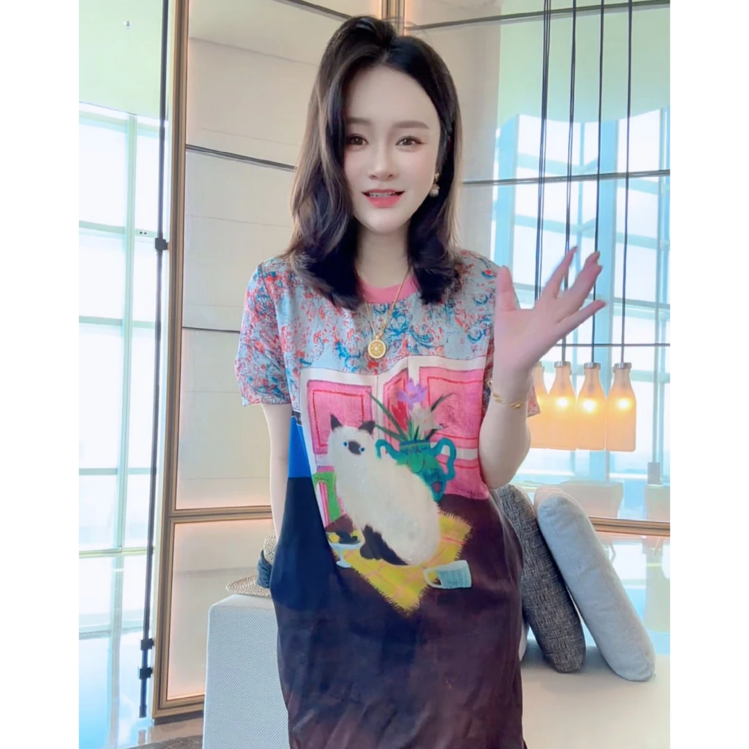【丝芙玉禄】(S370)真丝双桥夏季可爱喵咪桑蚕丝女装连衣裙