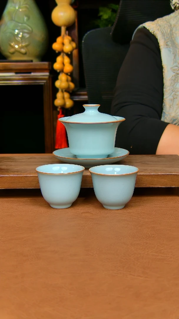 瓷片马蹄盖碗加两杯全手工一级品