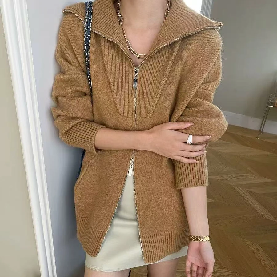 新款羊毛宽松针织开衫时尚网红百搭双头拉链开衫气质慵懒厚款毛衣