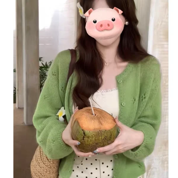 佩佩 青草绿~别致时尚百搭开衫单排扣上衣罩衫春季新款毛衣192