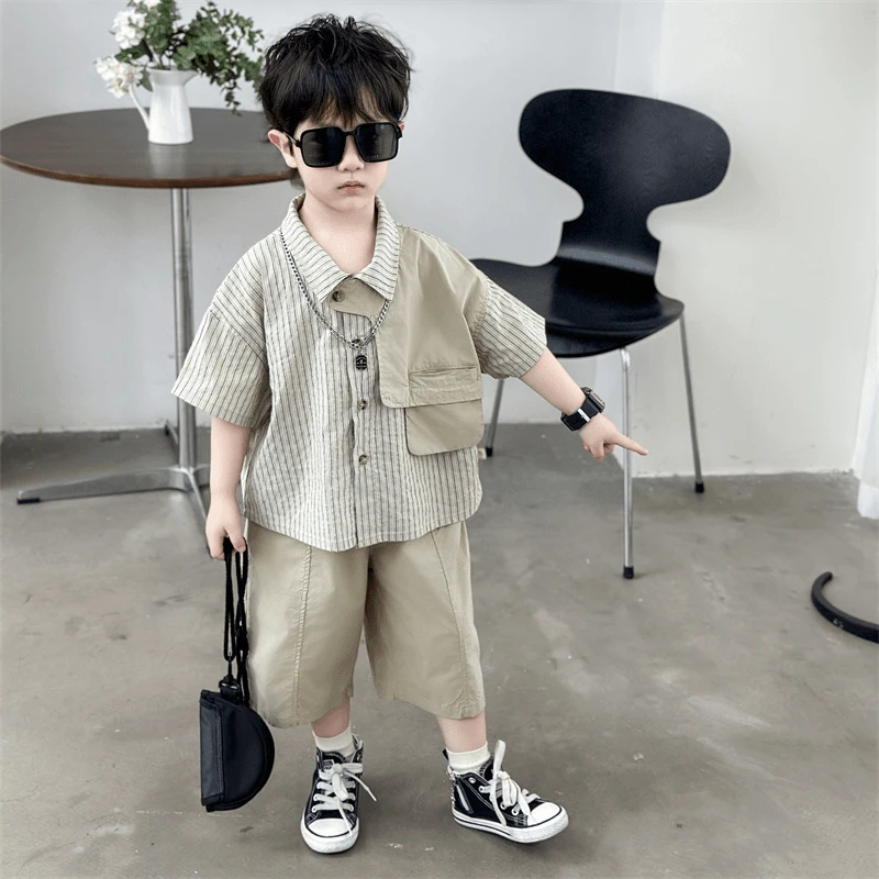 男童夏季衬衫套装2025新款潮流中小童宽松夏装痞帅宝短袖两件套