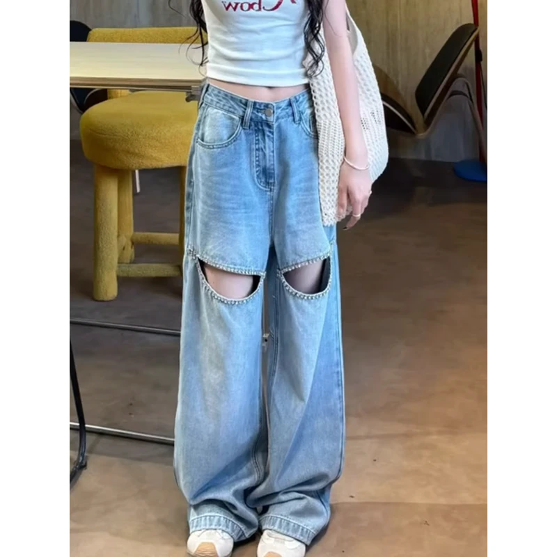 春夏2025新款甜辣妹宽松破洞水洗牛仔裤女设计感时尚阔腿拖地裤子