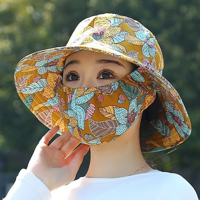新款防晒帽子女遮阳帽口罩一体夏季紫外线透气防尘遮脸户外采茶帽