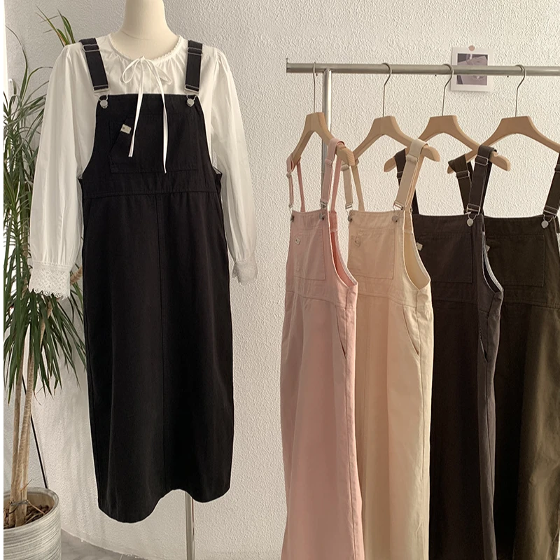 学院风2025年春季新品纯色宽松无袖背带连衣裙女百搭时尚减龄休闲