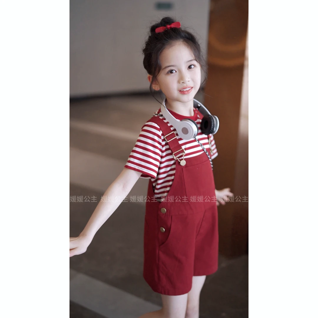 媛媛公主【糖心樱桃】2025夏新女童中大童时尚百搭背带裤15225M008