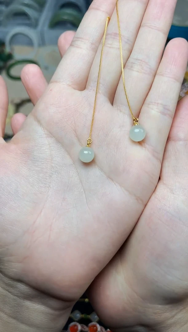 和田玉银S925镶嵌耳饰圆珠耳线06