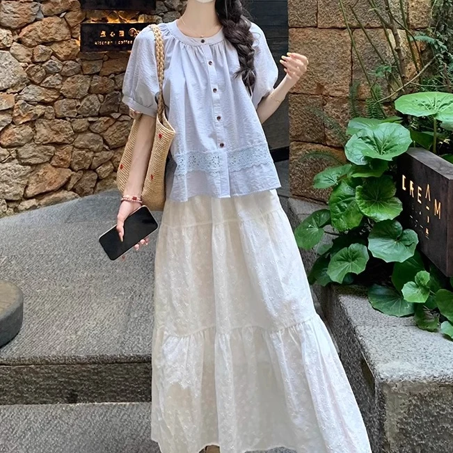 费思·face/蓝色短款蕾丝泡泡袖上衣女夏法式娃娃衫时尚田园风衬衫