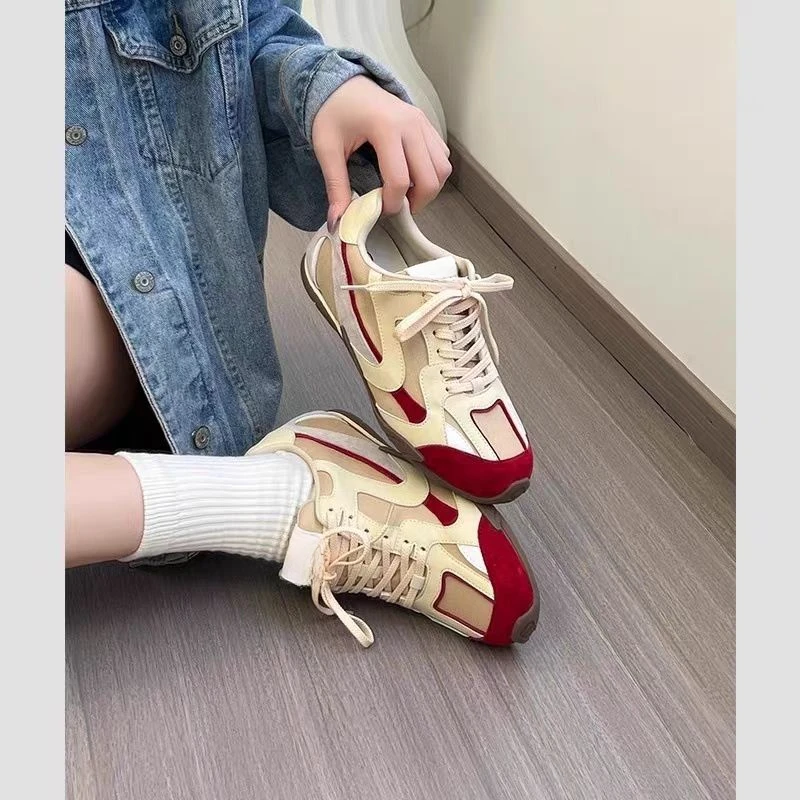 C5200   红色 时尚百搭厚底圆头阿甘鞋系带女休闲德训鞋