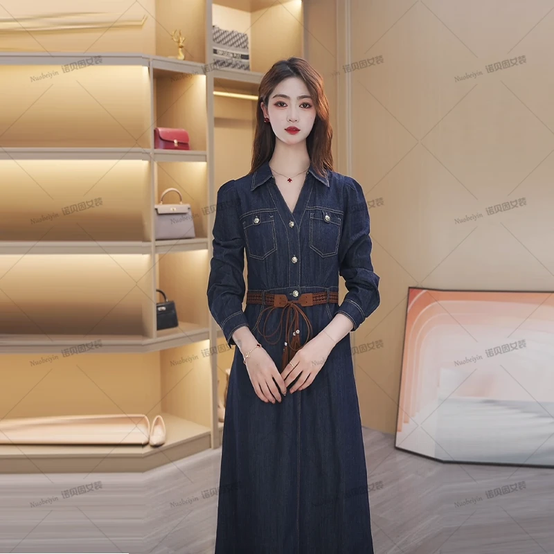 nuobeiyin/诺贝因秋季款收腰显瘦V领气质百搭牛仔连衣裙NMV95285