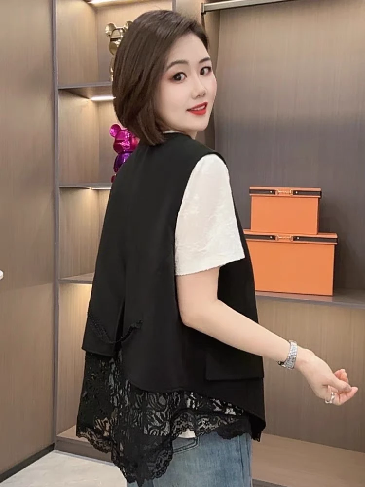韩系蕾丝黑色马甲女大码2025夏季新款马夹气质外套减龄高级感上衣
