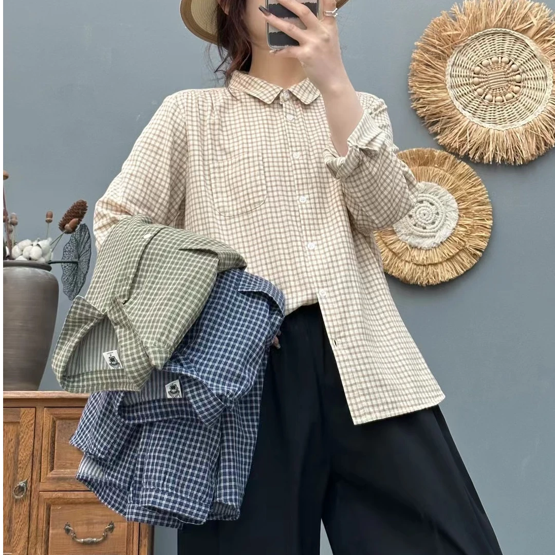 春季格子衬衫宽松休闲全棉衬衣女复古蓝休闲叠穿潮酷开衫