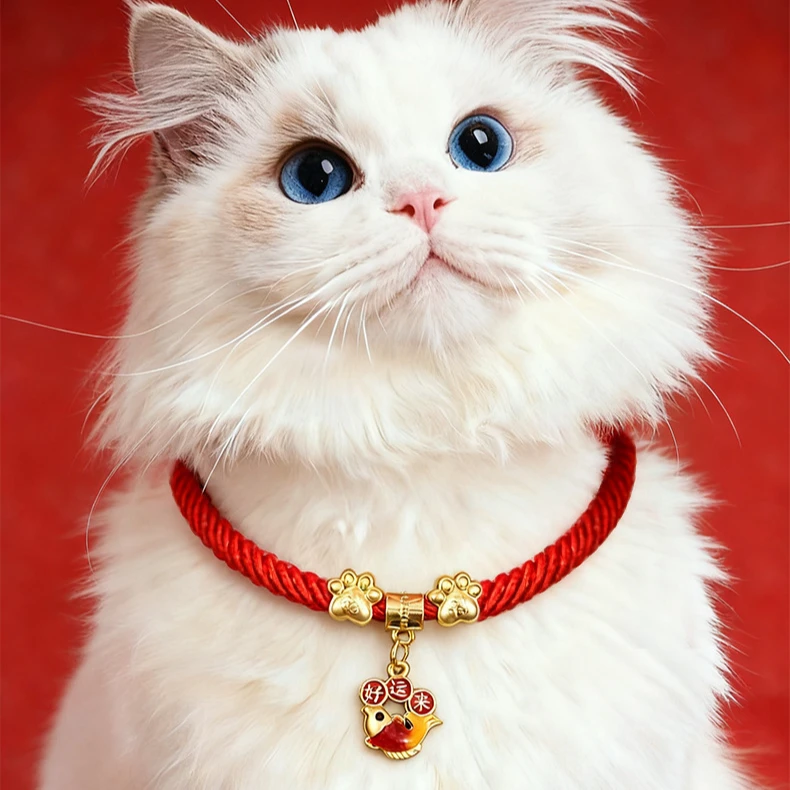 新中式宠物红绳项圈编织绳子长命锁新年喜庆锦鲤招财元宝脖圈饰品