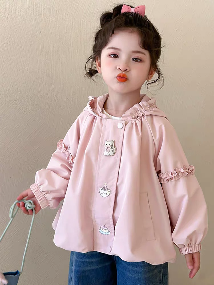 女童25秋季蝴蝶结外套女宝宝洋气韩版风衣卡通连帽上衣