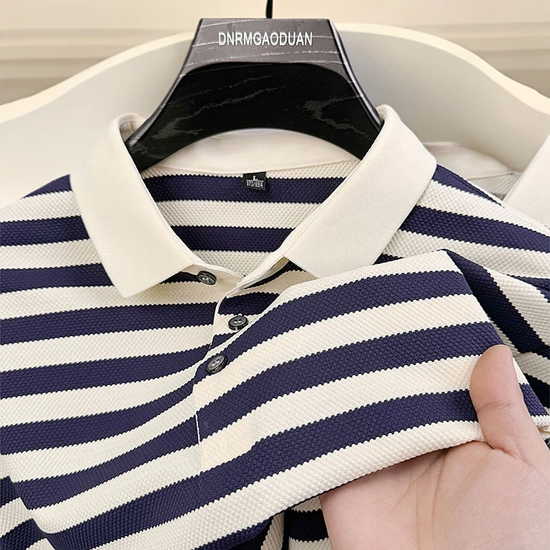 夏季男士新款潮流休闲条纹短袖T恤POLO衫时尚宽松翻领菠萝纹薄款