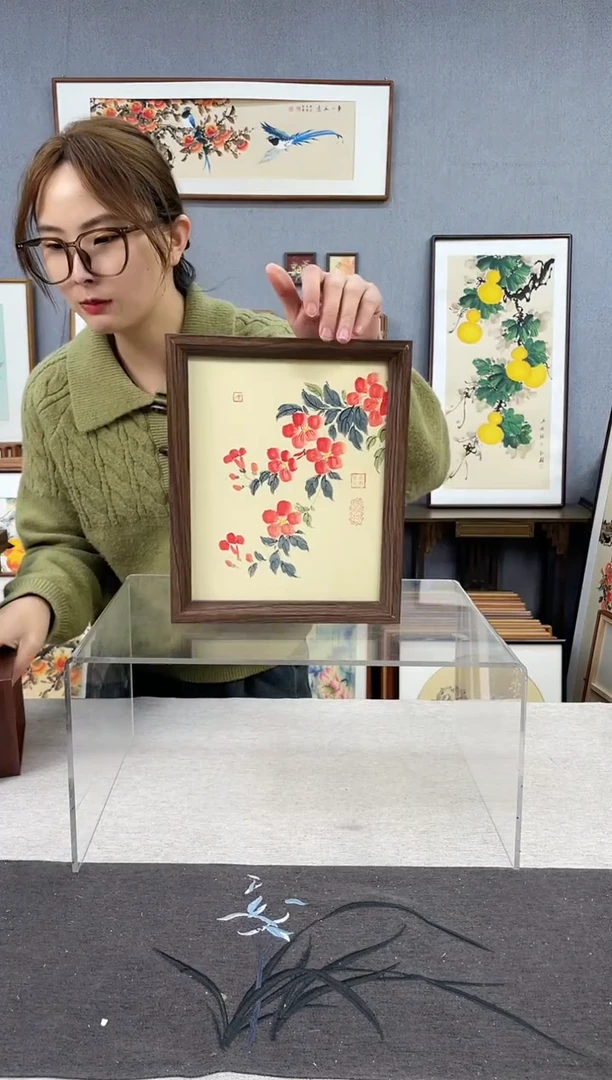 【闪购商品】国画10寸-23*29摆台书法作品-凌霄花