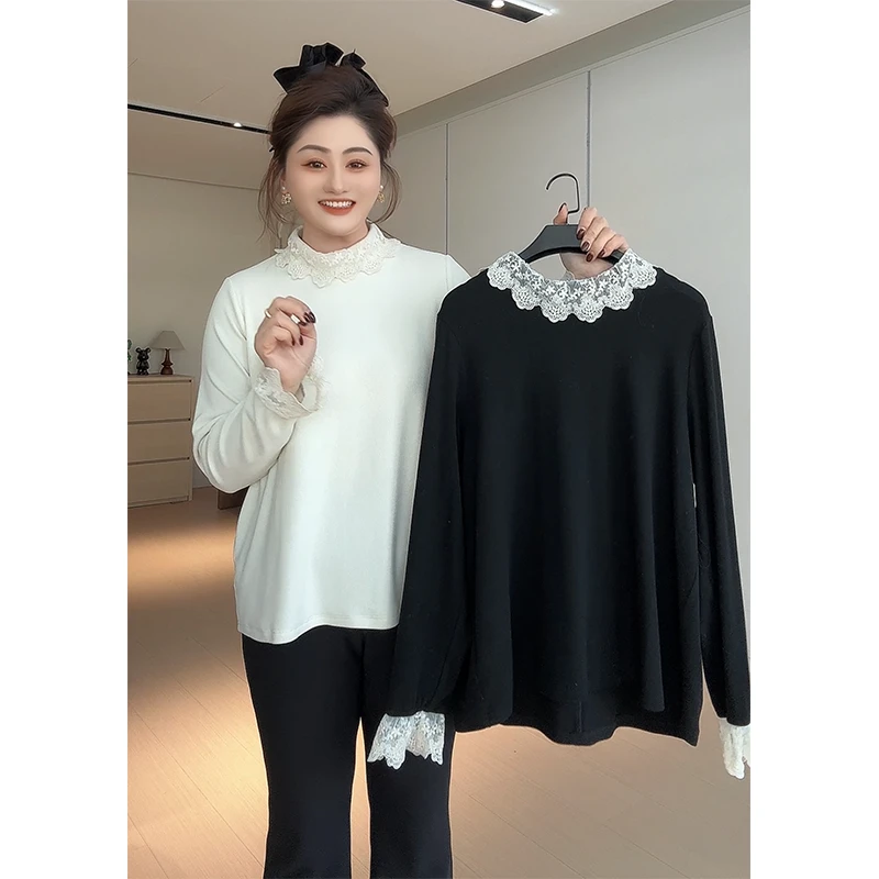【胖佳佳】流光梦境 蕾丝拼接打底衫冬季百搭半高领T恤H624Y21029