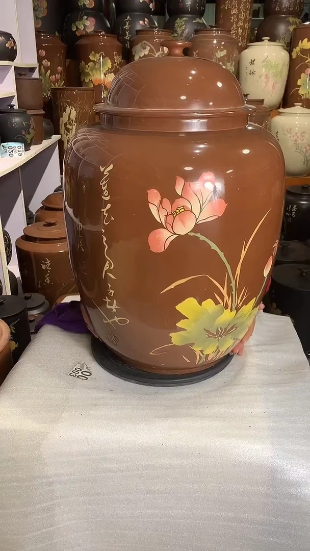 彩填亮光大三号茶缸米缸荷花图