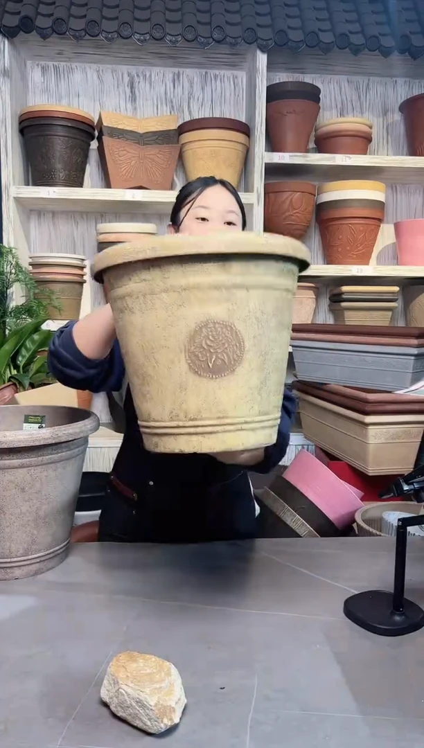 38*33/USA38-E黄色手工浮雕纹理大花盆外贸尾单