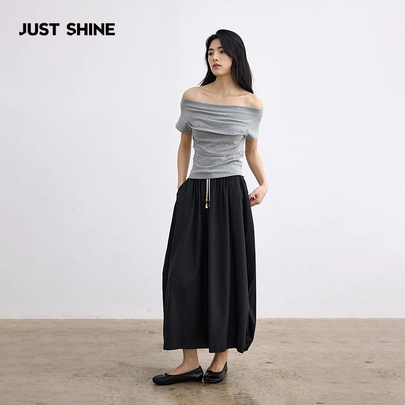 JUSTSHINE 松弛感花苞裙半身裙蛋糕裙薄款透气棕色系带中长裙