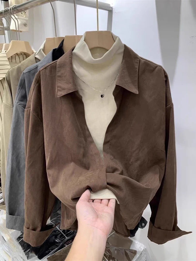 T126春秋时尚气质半高领打底不规则衬衫外套两件套DM4