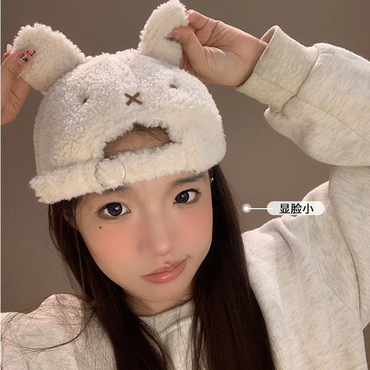 新款兔子耳朵鸭舌帽女秋冬保暖羊羔毛绒棒球帽时尚百搭显脸小帽子