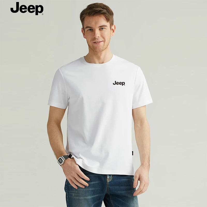 JEEP/吉普时尚宽松型舒适上衣T恤百搭透气宽松圆领速干印花休闲