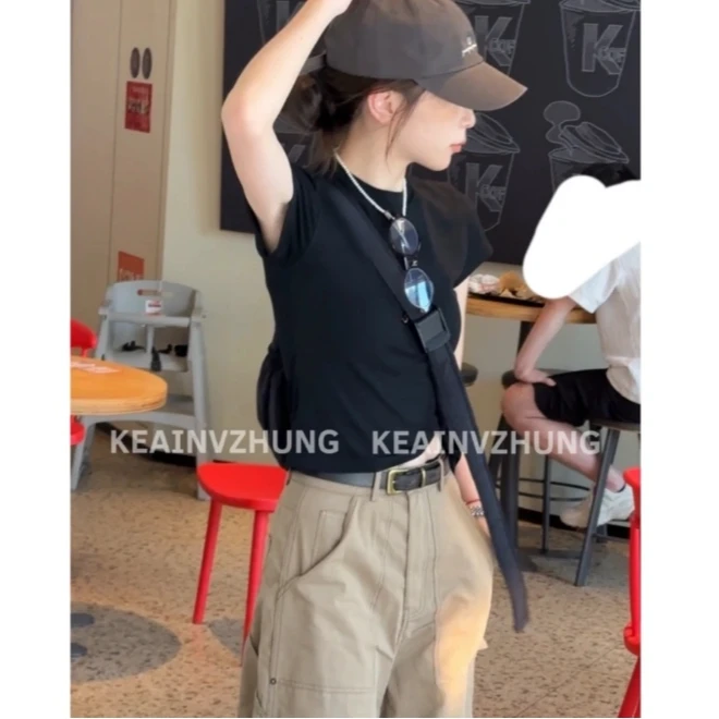 【瘦瘦T】夏季新款纯色修身圆领显瘦正肩短袖T