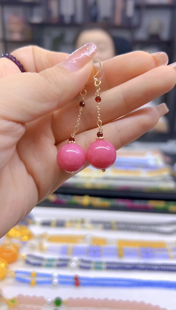 菱锰矿（红纹石）14K金镶嵌耳坠DIY款E613