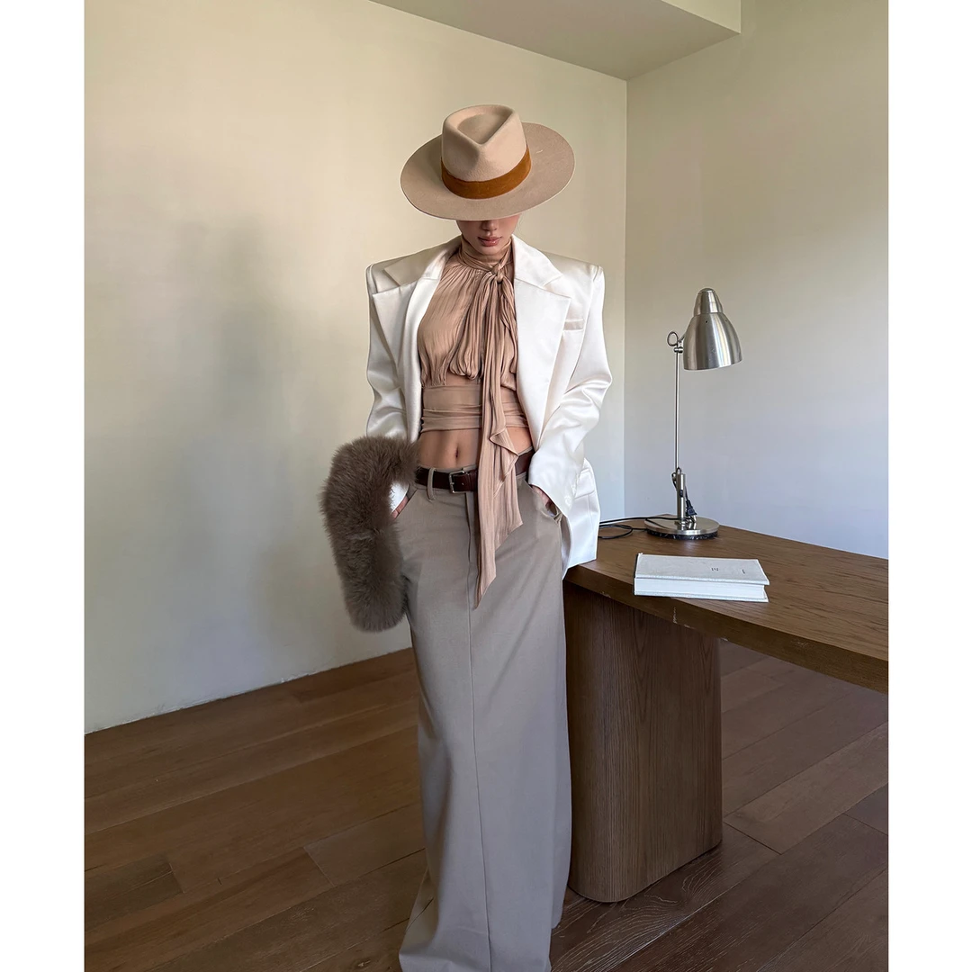 rovente 卡其色直筒半身裙女士秋季休闲显瘦气质开叉工装包臀长裙