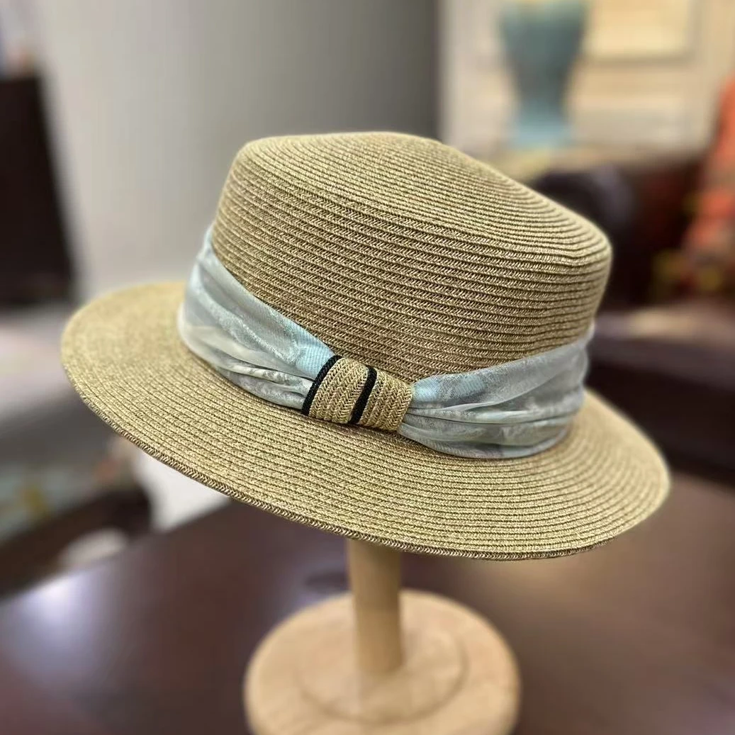 复古平顶草帽女夏季遮阳帽沙滩帽出游防晒礼帽