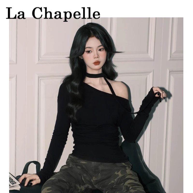 拉夏贝尔美式辣妹ins斜肩修身上衣女黑色设计感气质飘带长袖T恤