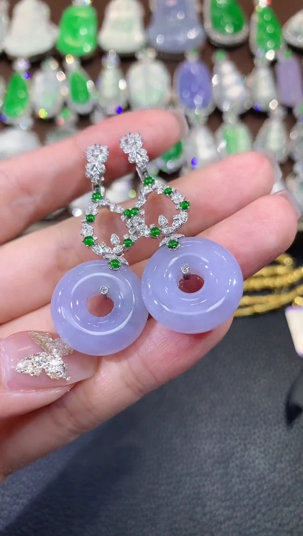 18K金镶嵌翡翠耳饰C89 紫货有一定色差