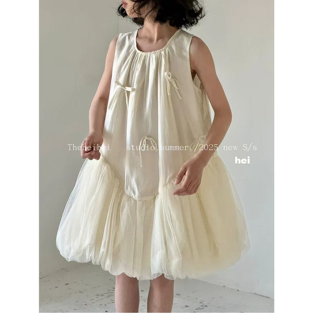 设计师品牌【温柔女孩】天丝混纺立体蝴蝶结连衣裙中大童亲子 3208