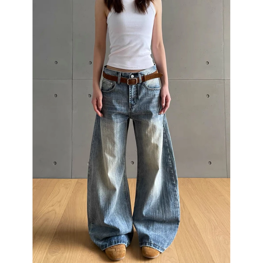 美式复古水洗弯刀阔腿牛仔裤女秋季新款高腰宽松百搭显瘦拖地长裤