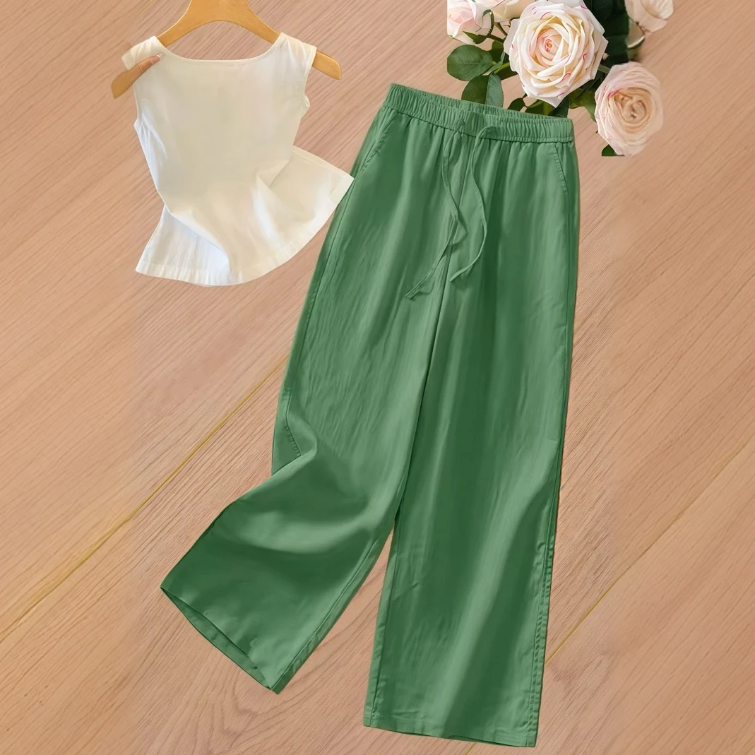 绿色亚麻阔腿裤女夏薄款2025新款休闲垂感九分裤天丝抗皱棉麻裤子