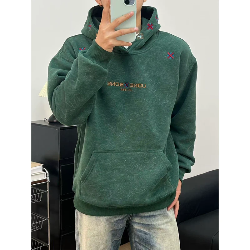 美式刺绣连帽卫衣男款秋冬季高级感宽松上衣慵懒风情侣外套