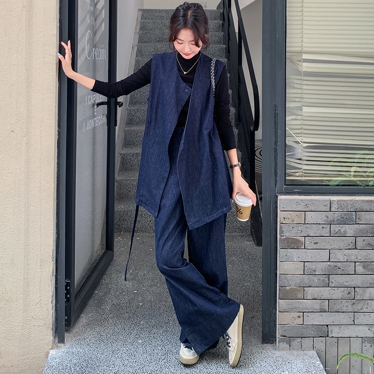 松弛感休闲牛仔套装女秋季2025年新款气质高级感马甲阔腿裤两件套