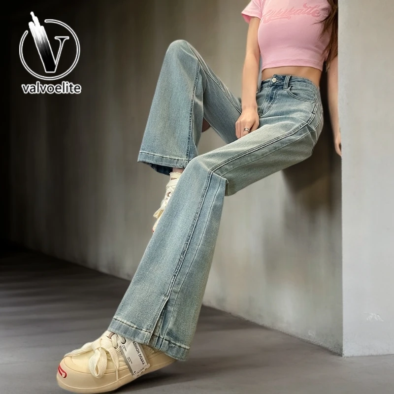 VALVOELITE开叉喇叭裤2024年秋装新款高腰显瘦复古修身牛仔裤子女