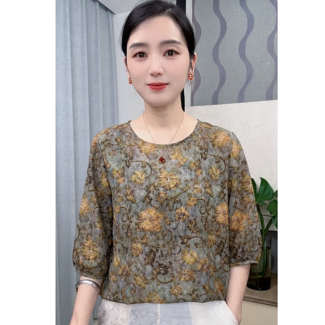 金枝玉叶中老年女装复古做旧红花七分袖圆领透气舒适日常百搭上衣