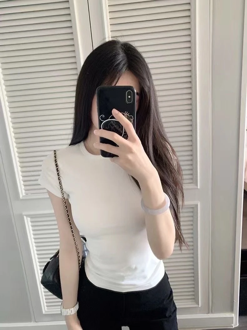 2025春夏女正肩短袖圆领T恤新款修身显瘦纯色韩版百搭时尚简约t恤