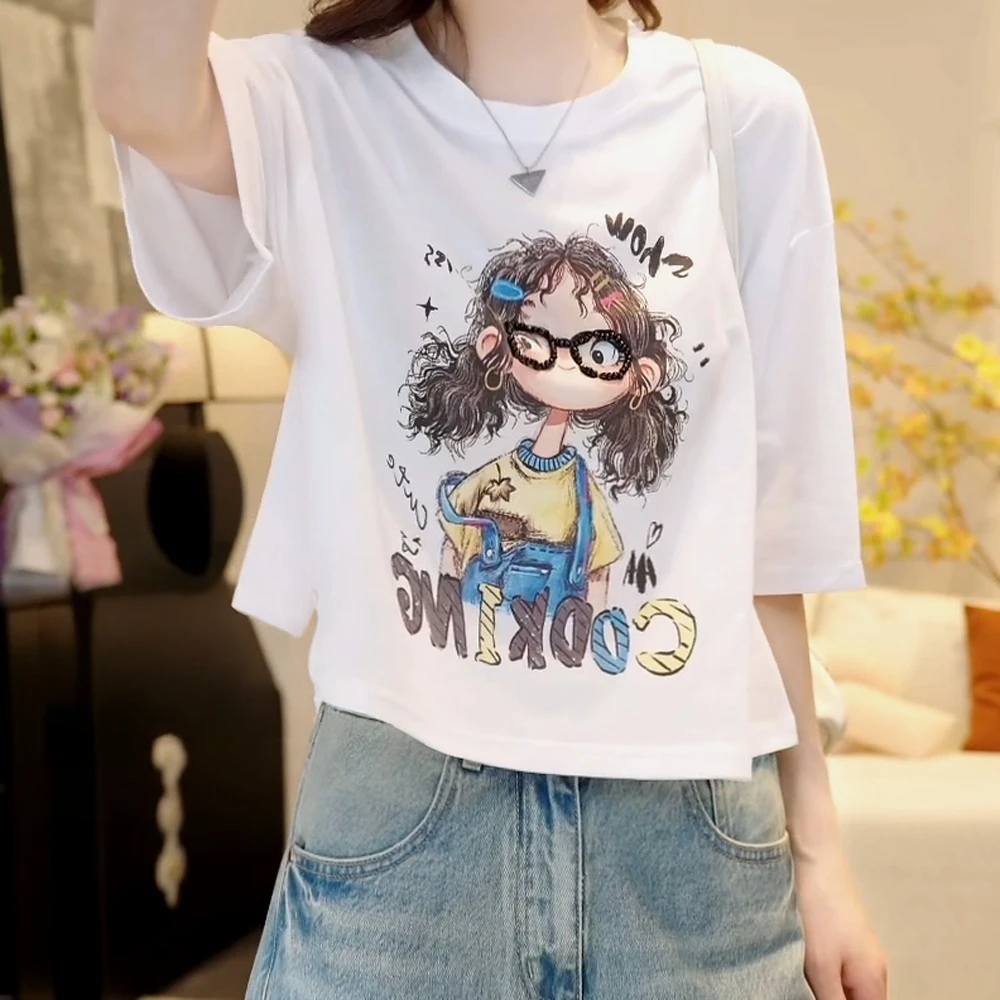 『呆萌女孩』2025夏季圆领洋气百搭眼镜女孩短袖T恤女宽松