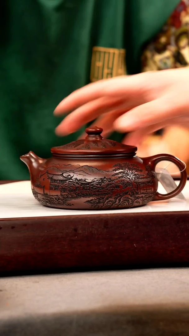 茶壶紫砂铁皮石红 大寒江 刻绘