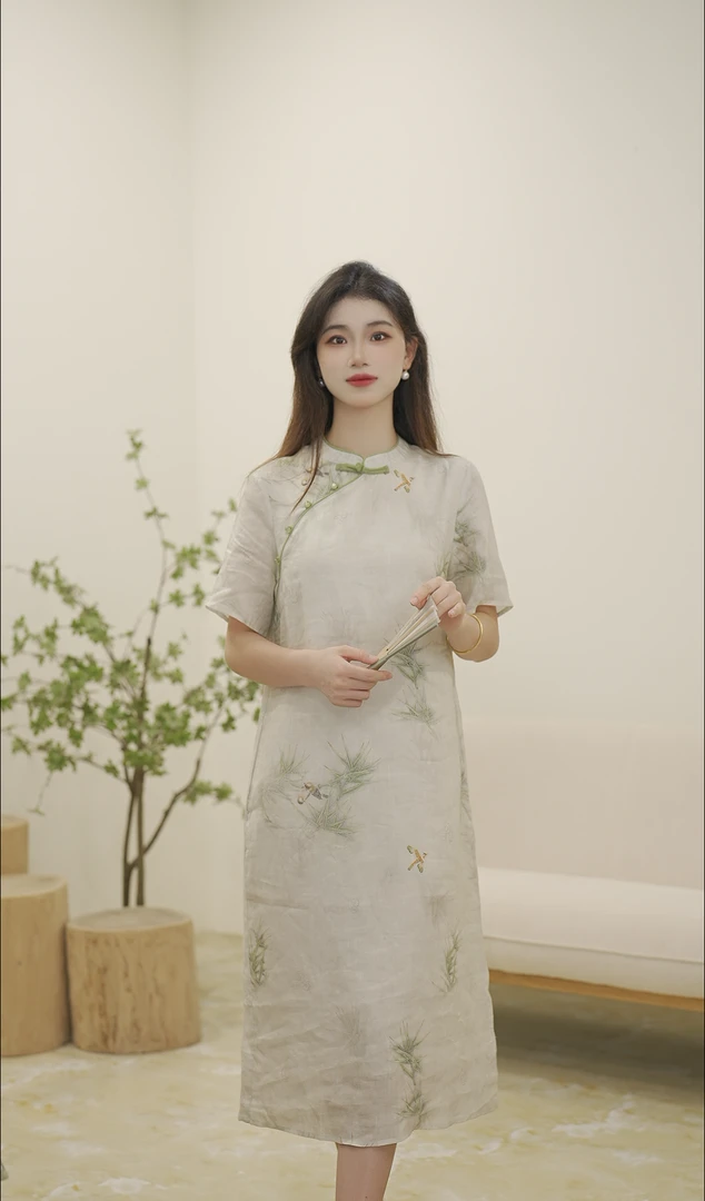 竹之韵  苎麻连衣裙2025新款女装国风改良立领斜襟扣旗袍
