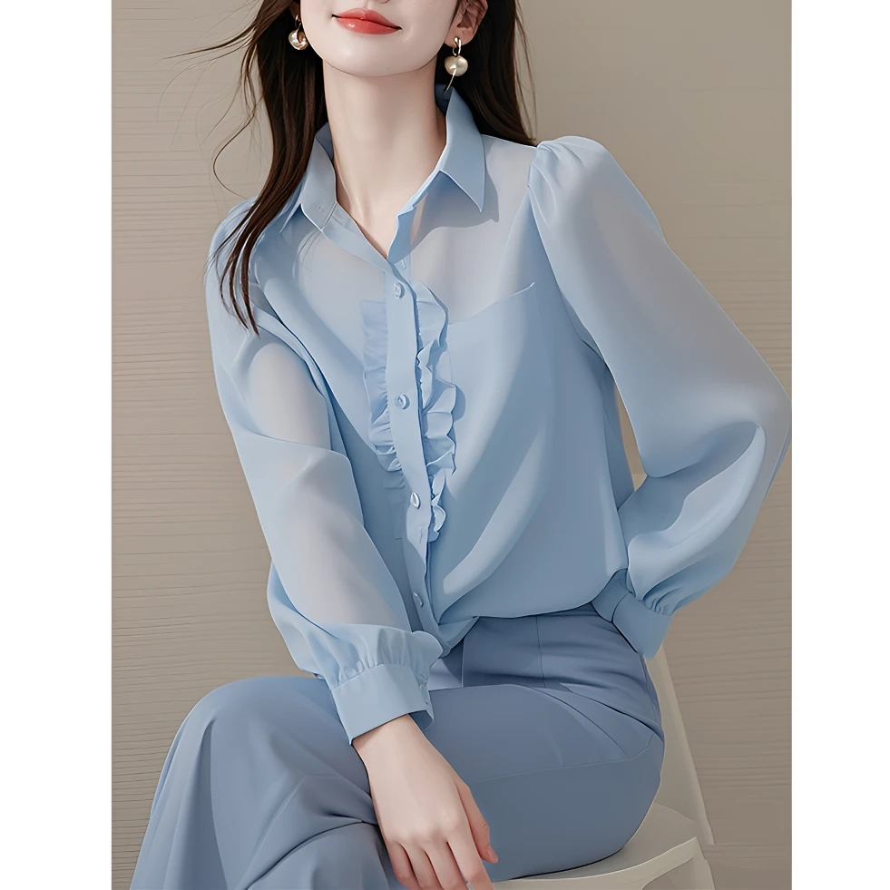 女士蓝色衬衫春秋季新款薄款洋气长袖上衣温柔风百搭气质衬衣