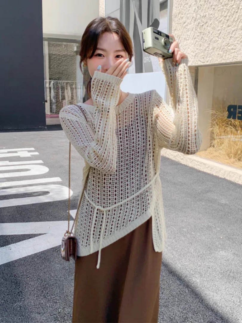 不规则网织镂空系带针织衫女早春季韩系氛围感穿搭宽松设计感上衣