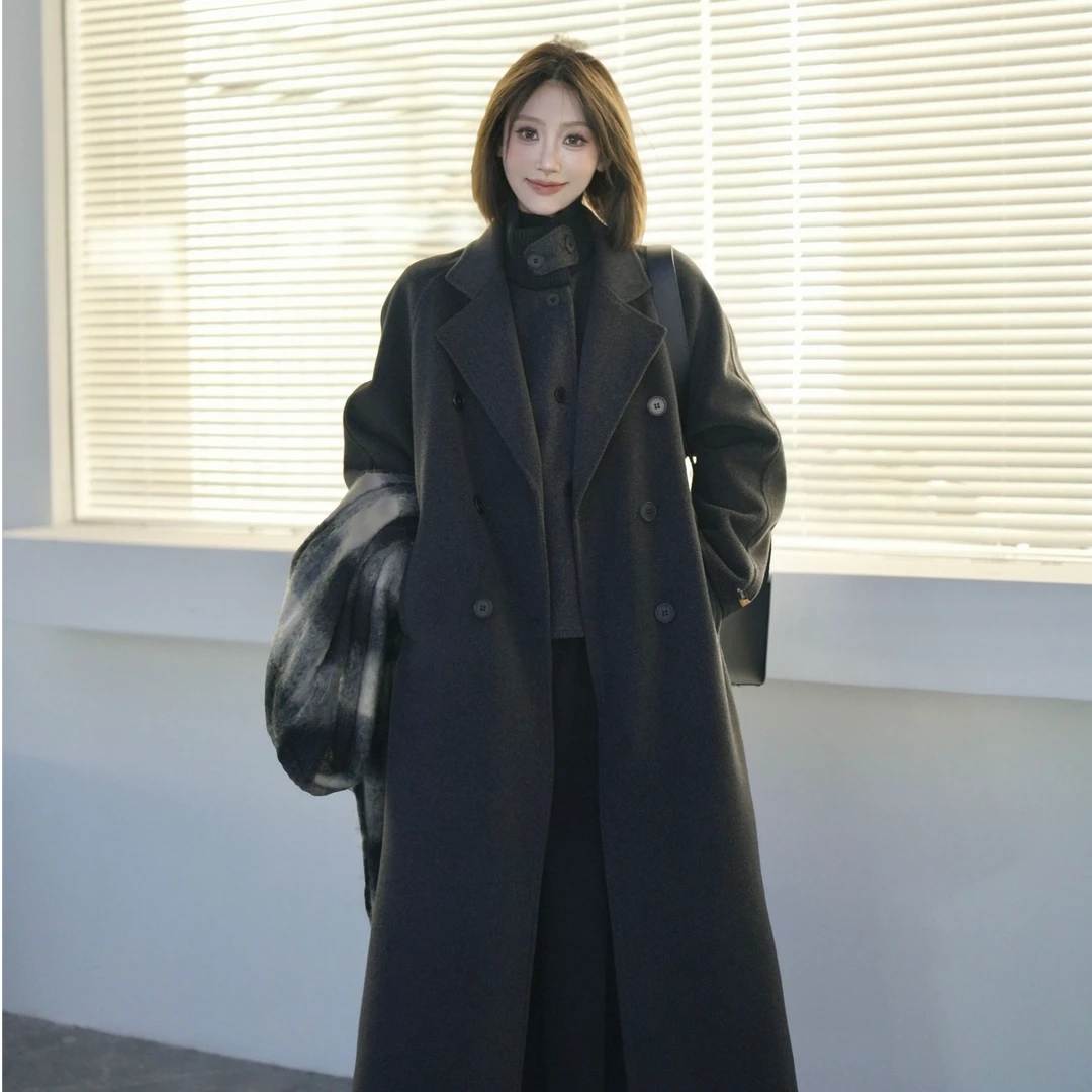 【大衣+马甲+护理刷】秋冬新款双面绒大衣女中长款厚款百搭毛呢外套